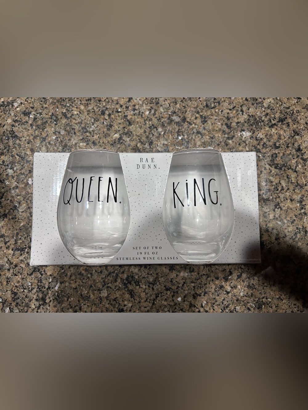 RAE DUNN KING & QUEEN STEMLESS WINE GLASSES